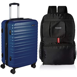 AmazonBasics 68 cm Navy Blue Hardsided Check-in Trolley and Amazon Brand - Solimo Foldable Backpack