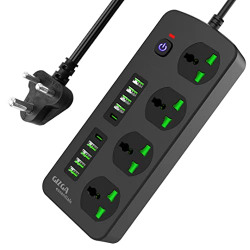 Gizga Essentials 2500W/10A Extension Board | Universal 3 Sockets with 2 Type C & 4 USB A for Office & Home Appliances| Spike Guard, Surge Protector Power with Strip 2M Cord, Child Safety Shutter